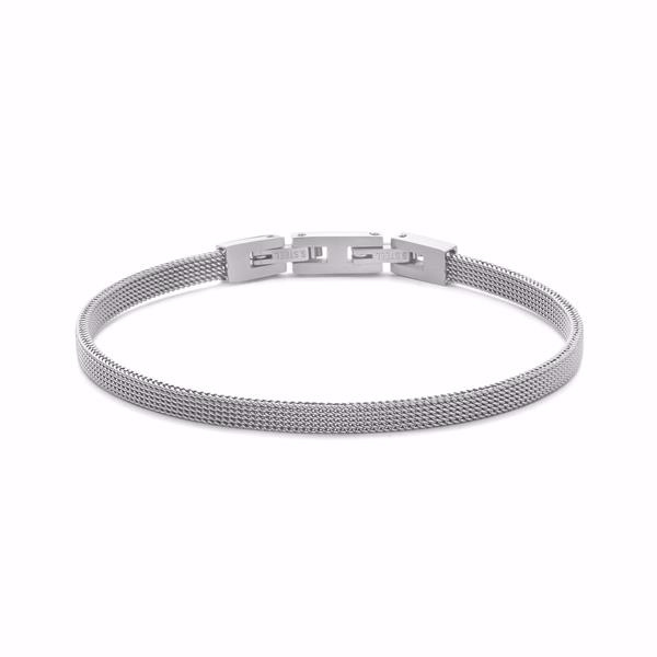 Stilrent armband i stål med nätstruktur och diskret spänne.