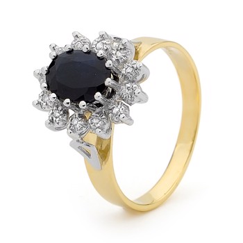 Gold finger ring w/ sapphire & 12 diamonds