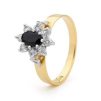 Gold finger ring, flower of dark sapphire and 8 pcs 0,005 ct diamonds