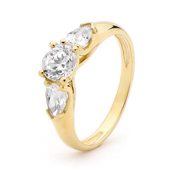 Gold finger ring w/ 3 large zirconia