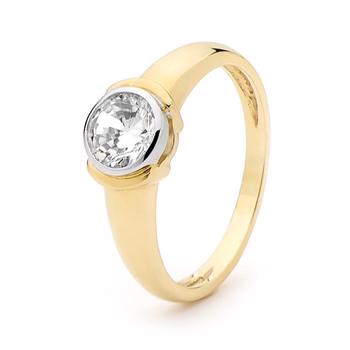 Gold finger ring with round 6.0 mm white Zirconia