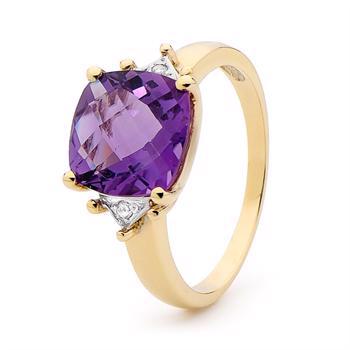 9 ct gold ring with Amethyst and diamonds