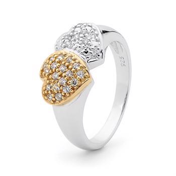 Silver finger ring with gold and silver hearts and 26 sparkling zirconia