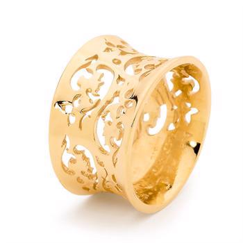9 ct. wide gold finger ring with floral carvings