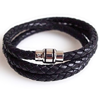 San - Link of joy Men's Jewellery leather/sterling silver black 3-piece leather bracelet with shiny surface