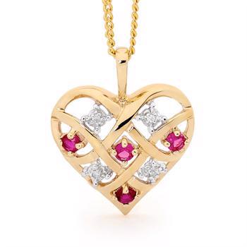 Gold heart pendant with 4 x 0,005 ct diamonds and 4 x rubies