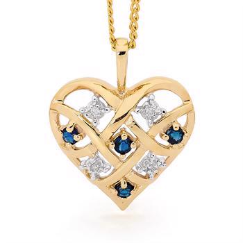 Gold heart pendant with 4 x 0,005 ct diamond and 4 x sapphire