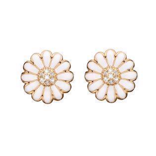 Christina Collect gold plated sterling silver Marguerite Beautiful daisy ear clips with 14 white topaz and white enamel, model 674-G01White