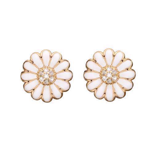 Christina Collect gold plated sterling silver Marguerite Beautiful daisy ear clips with 14 white topaz and white enamel, model 674-G01White