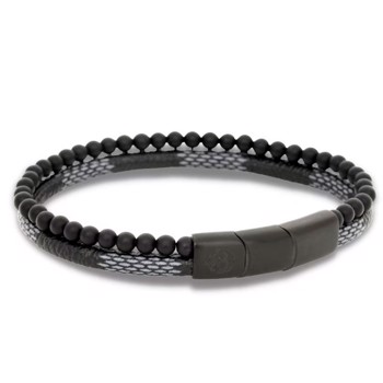BENSON - Beads armbånd i sort/grå med læder rem, by Billgren - Large, 21 cm