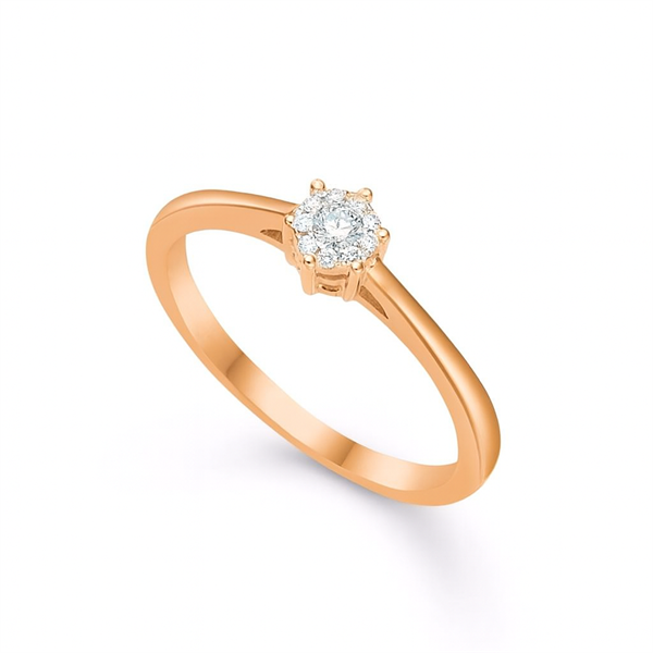 Guldring med rund briljantslipad diamant i klofattning, slät och tunn ringband.