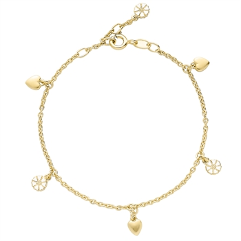 Armband i guldfärgad metall med tre hjärtformade berlocker och tre prästliknande blomdetaljer.
