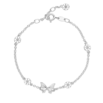Armband i silver med fjäril i mitten och små blomlika element jämnt fördelade runt om.