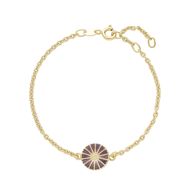Armband med lila blommotiv och guldfärgade detaljer, tunn kedja med synlig låsmekanism.