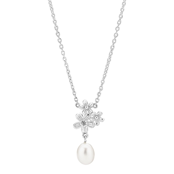 Collier blomst zirkonia og ferskvands perler sterling sølv