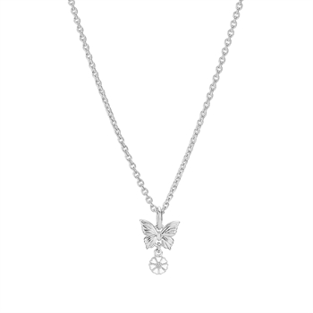Halsband i sterling silver med fjärils- och blomformade hängen på enkel kedja.