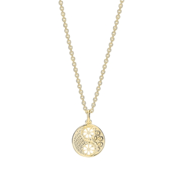 Rundt hänge med Yin Yang-design, blommotiv, på kedja av förgyllt silver.