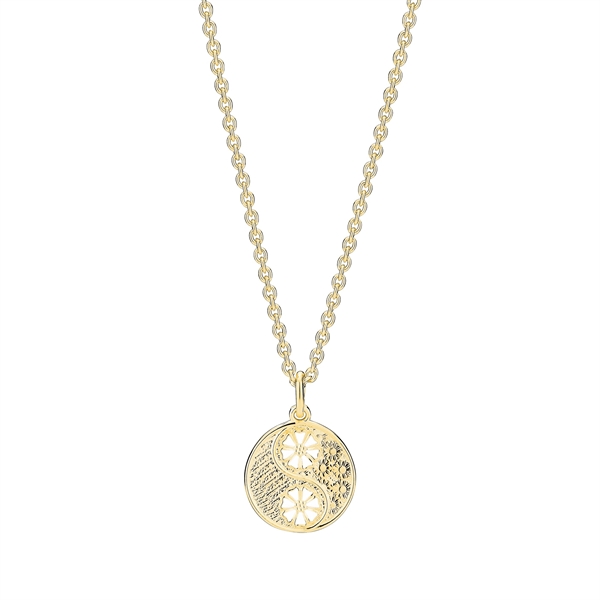 Rundt hänge med Yin Yang-design, blommotiv, på kedja av förgyllt silver.
