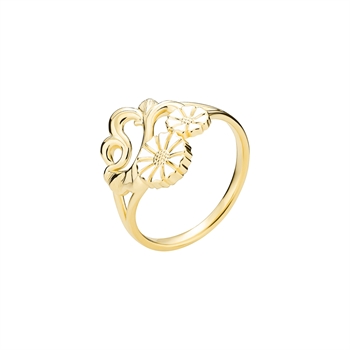 Guldfärgad ring med två prästkrageliknande blommor och detaljerat filigranarbete.