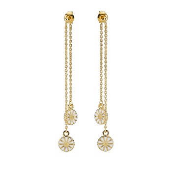 Beautiful gold plated disco earrings with 5 mm daisies, small stick and chic chains from Lund Copenhagen