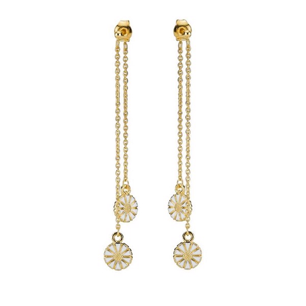Beautiful gold plated disco earrings with 5 mm daisies, small stick and chic chains from Lund Copenhagen