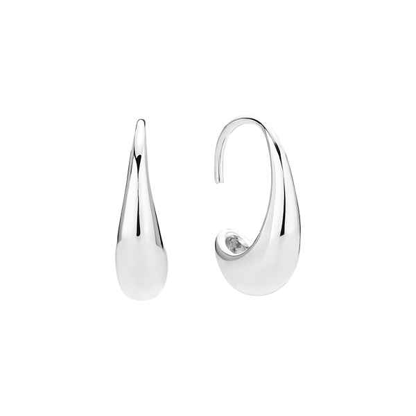 Sterling silver örhängen formade som regndroppar, slät yta, kurvad krok för örat.
