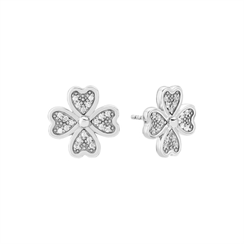 Fyrklöverformade örhängen i silver med hjärtformade blad och gnistrande stenar, postbaksida.