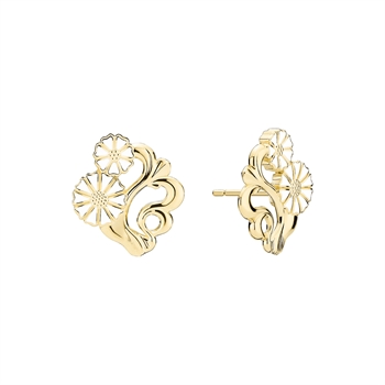 Förgyllda silverörhängen med filigran och blommotiv, symmetrisk design och post back-fäste.