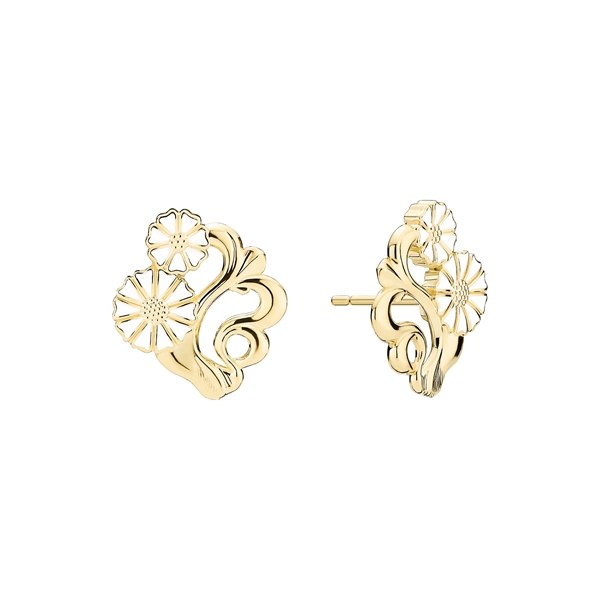 Förgyllda silverörhängen med filigran och blommotiv, symmetrisk design och post back-fäste.