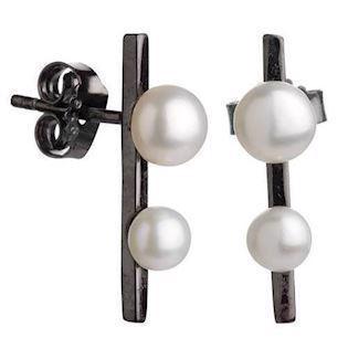 Favourite black sterling silver wand Stud earrings with pearls shiny ,model PEARLS-E4-SRH