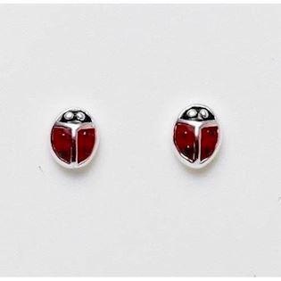 Cute ladybug stud earrings in silver with red and black enamel.