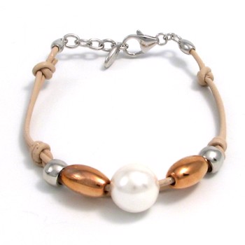 Esprit beige leather bracelet with pearls & red gold plated silver beads