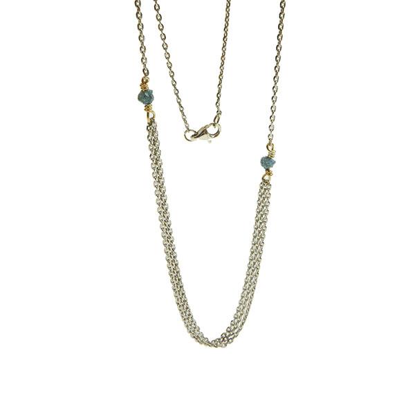 Necklace - Rhodium/Goldplated w. blue-green Raw Diamonds 45cm, från San - Links of Joy