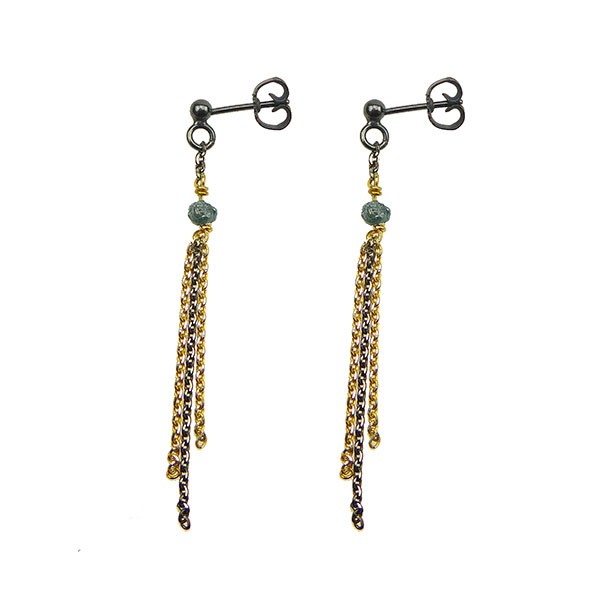 Earrings - Goldplated/Black Rhodium w. blue-green Raw Diamonds Sort rhodineret/forgyldt pr.par, från San - Links of Joy