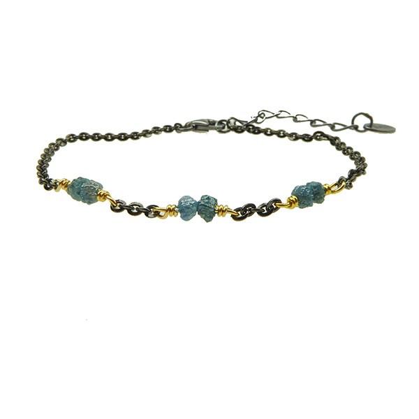 Bracelet & Necklace - Black Rhodium/Gold plated w. blue-green Raw Diamonds 16+4cm, från San - Links of Joy