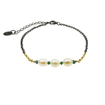 Bracelet & Necklace 925/585 -Oxidised w.Pearls & Blue Diamonds 16+4cm, från San - Links of Joy