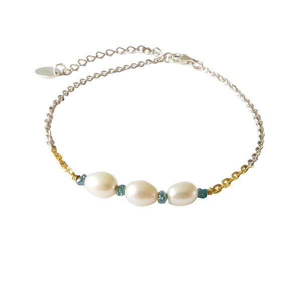 Bracelet & Necklace 925/585 - Rhodium w.Pearls & Blue Diamonds 16+4cm, från San - Links of Joy