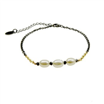 Bracelet & Necklace 925/585 - Oxidised w.Pearls & Black Diamonds 16+4cm, från San - Links of Joy