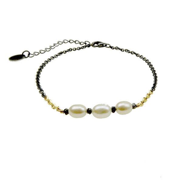 Bracelet & Necklace 925/585 - Oxidised w.Pearls & Black Diamonds 16+4cm, från San - Links of Joy