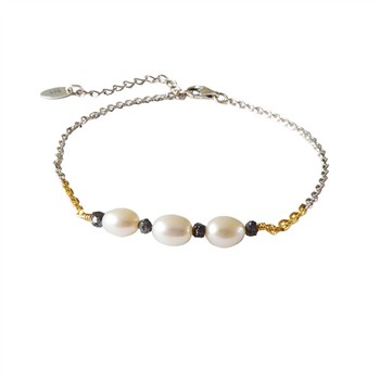 Bracelet & Necklace 925/585 -Rhodium w. Pearls & Black Diamonds 16+4cm, från San - Links of Joy