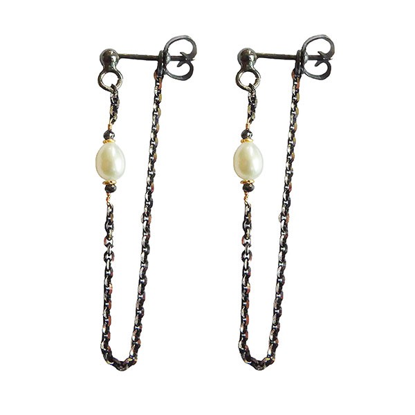 Earrings 925/585 - Black Rhodium w.Pearls & Black Diamonds Pr.par, från San - Links of Joy