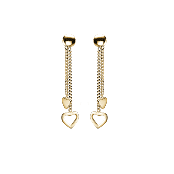 Örhängen med rund platta, två kedjor och hjärtformade hängen längst ner.