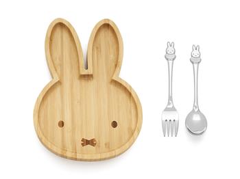Bambusplade med Miffy + bestik, 2 stk., rustfrit stål, från Noa Kids