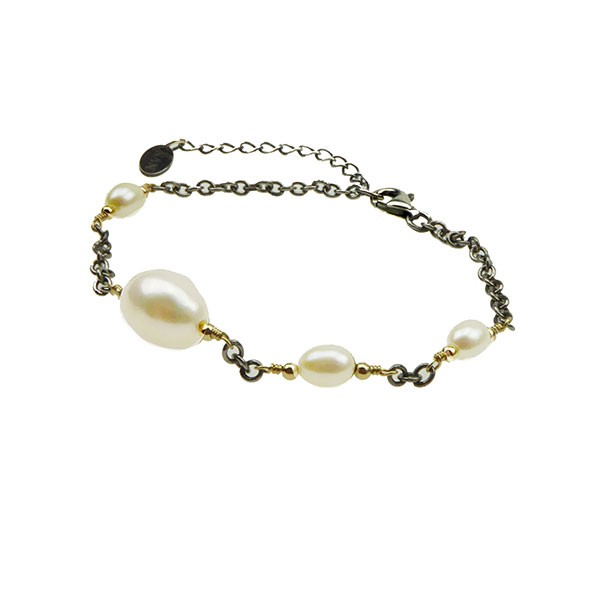 Armbånd & halskæde i sterlingsølv med 9kt guld & ferskvandsperler 18+4cm, från San - Links of Joy