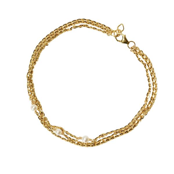14kt armbånd i 3 rækker med Hvide Ferskvandsperler 18+1cm, från San - Links of Joy