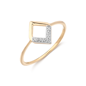 Guld ring med fyrkantig design, öppet centrum och texturerad yta med små stenar på ena sidan.