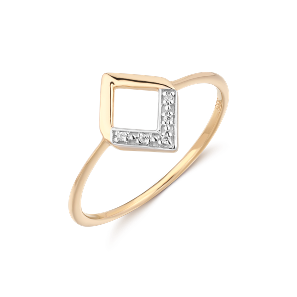 Guld ring med fyrkantig design, öppet centrum och texturerad yta med små stenar på ena sidan.