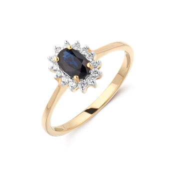 Guldfärgad ring med mörk oval sten och klar stenhalo. Slät ringband.