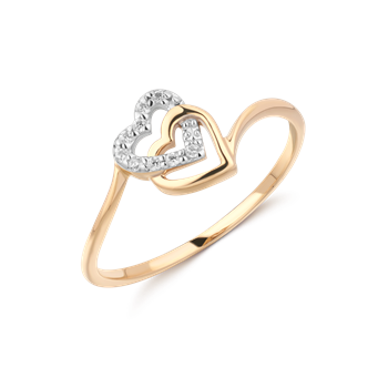 Elegant guld ring med dubbelt hjärta, ett med små stenar, och tunn band från Støvring Design.