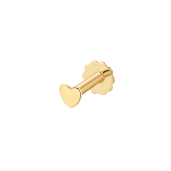 Guld labret piercing med hjärtformad framsida och platt baksida från Støvring Design.